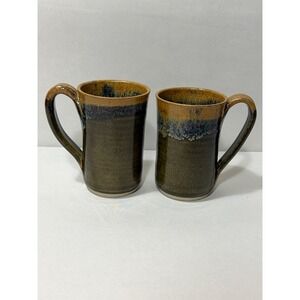 Blue Moon Pottery Studio Stoneware Mugs Set of 2 Drip Glaze Earth Tone Signed